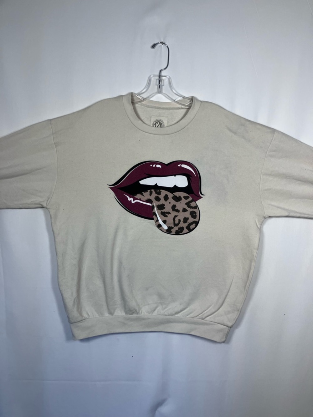 Crewneck Sweater with Leopard Tongue Graphic - Cream